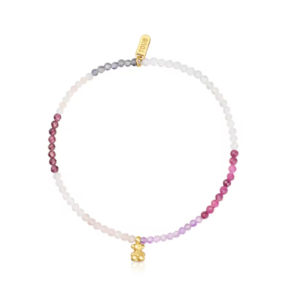 Tous Gold Plating Over Silver Elastic Bracelet With Rose Gemstones Bold Bear